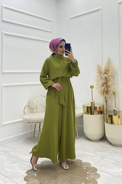 Neşeli Butik Green Rose Detailed Casual Belted Women's Jumpsuit - Nms003