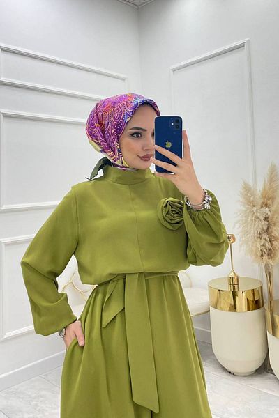Neşeli Butik Green Rose Detailed Casual Belted Women's Jumpsuit - Nms003