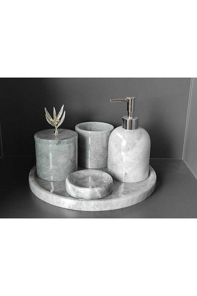ege gross Decorative Gray Marble Silver Olive Branch Detailed 5-Piece Bathroom Set Set