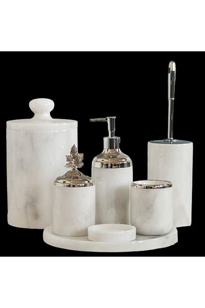 ege gross Decorative White Marble Silver Leaf Detailed 7 Piece Bathroom Set Set