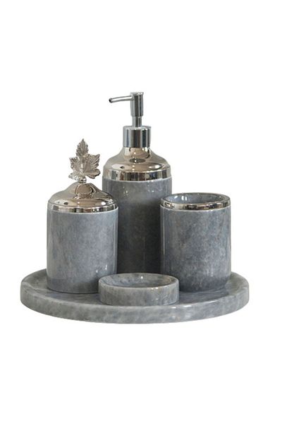 ege gross Decorative Gray Marble Silver Leaf Detailed 5 Piece Bathroom Set Set