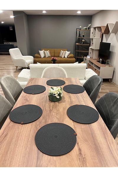 Türkmen Ev Tekstil American Service - Jute, Wicker Color 6Supla Runner, Bread Basket and Plate Base Supla Set