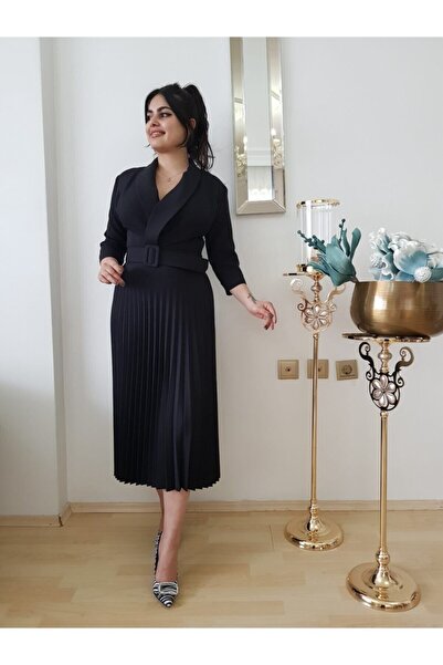 FERGAN Kadın Siyah Piliseli Kruvaze Yaka Midi Boy Elbise