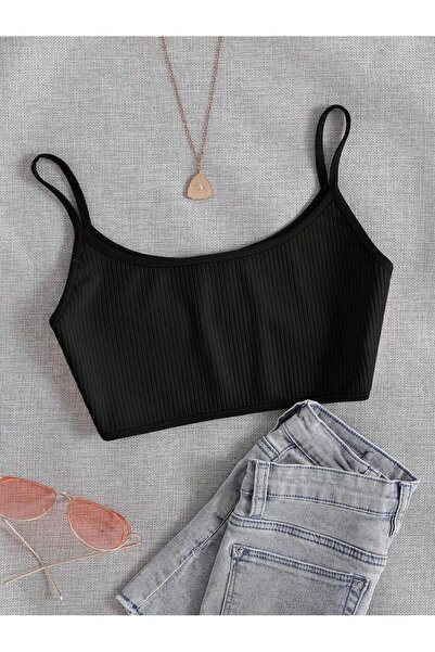 Liona Bisiklet Yaka Askılı Siyah Renk Fitilli Crop Top Büstiyer