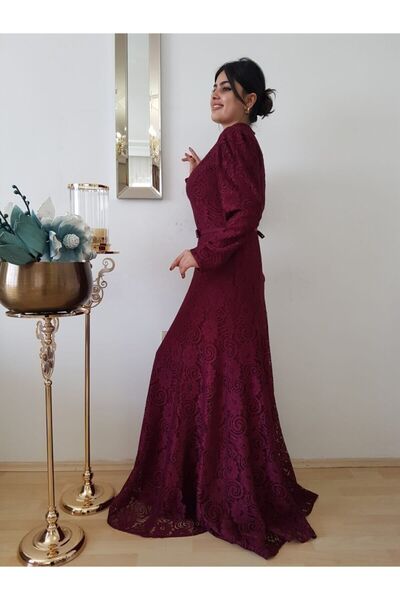 FERGAN Kadın Bordo Güpürlü Tesettür Abiye Elbise