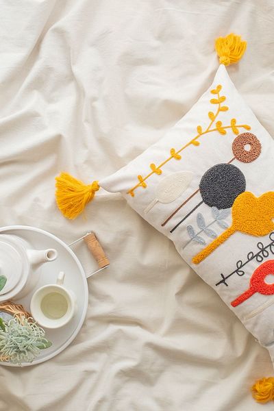 UON Decorative Pillowcase Punch Flower Patterned Cotton Throw Pillow Case White Color 35x50 cm