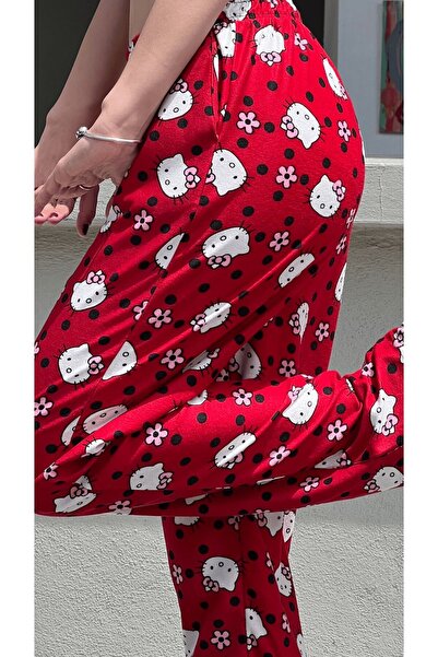 GOSSİP TEAM Red Tech Flower Hello Kitty Patterned Loose Sweatpants