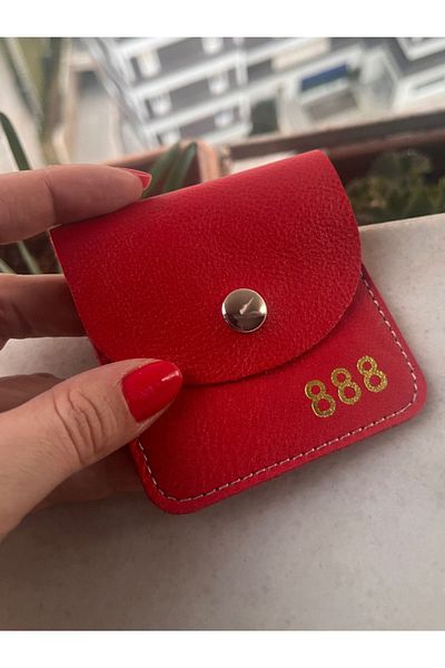 Pinkylola 888 Model Red Genuine Leather Mini Coin Purse and Airpod Case