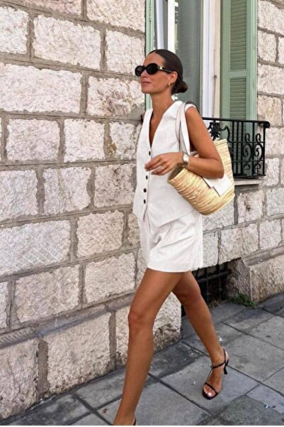 buqre's moda مجموعة سترة نسائية من الكتان برقبة على شكل حرف V وزر مغلق وشورت ...