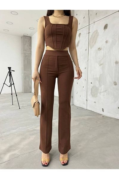 buqre's moda بدلة نسائية ذات حزام مزدوج وبلوزة وسروال سفلي