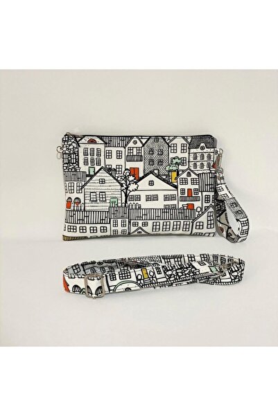 TALKING DREAMS Black and White Home Patterned Clutch Long Handle