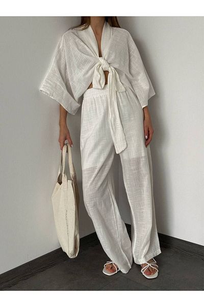 buqre's moda Linen Kimono Set with Bat Sleeve and Tie Detail