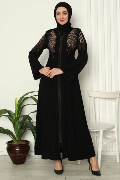 İSTANBULSTYLEMODA Luxury Medina Silk Fabric - Black Hijab with Phoenix Embroi...