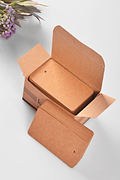 Kraffi 100 Adet 8x5 cm Kraft Baskısız Kart Kartvizit Not Kartı Hediye Notu Oval Köşeli Delikli