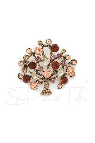 Esra Pamir Kahverengi Zirkon Taşlı Ağaç Broş
