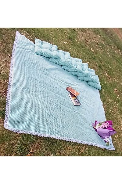 Marin Tasarım Evi Multi-Purpose GREEN Picnic Cloth Set 6 Pieces 40x40 Cushion 170x170 Table Cloth