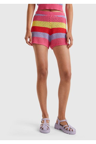 United Colors of Benetton Mix Cotton - Pantaloni scurți de damă cu talie adunată și detaliu cu volane