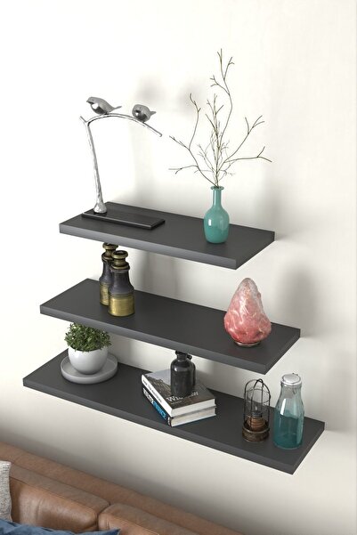 Egecan Mobilya Antrasit Duvar Rafı 3 Lü Set Gizli Raf Uçan Raf Yüzen Raf Kitaplık (50-40-30)