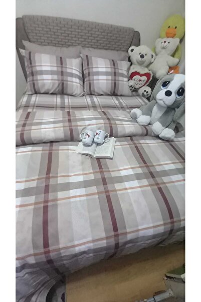 Ekose Kahve 4 Parça Lastikli Çarşaflı Çift Kişilik (160X200 CM Yükseklik 40 CM) Nevresim Takımı