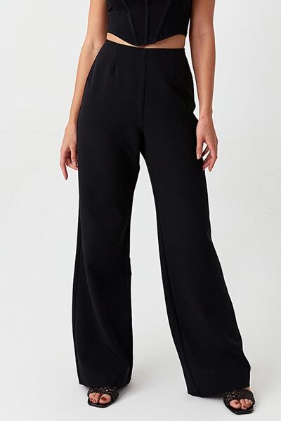 Select Moda Pantaloni negri de damă cu talie elastică cu picioare largi