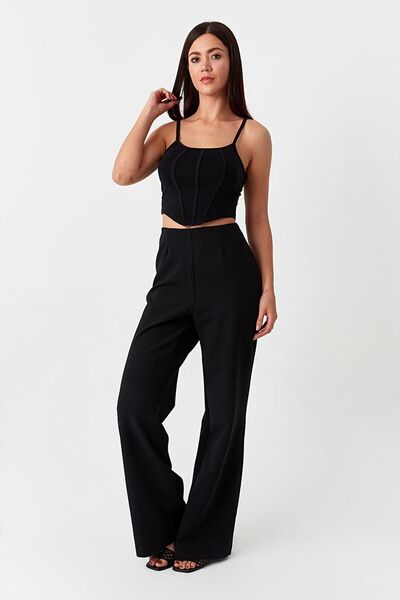 Select Moda Pantaloni negri de damă cu talie elastică cu picioare largi