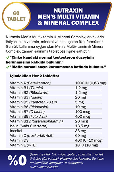 Nutraxin 2 Adet Nutraxin Men's Multi Vitamin Ve Mineral Complex 60 Adet Tablet - (Erkeklere Özel Formül)