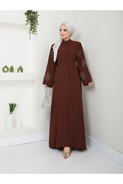 MODAMERSİ Brown Stoned Women's Ferace - Abaya