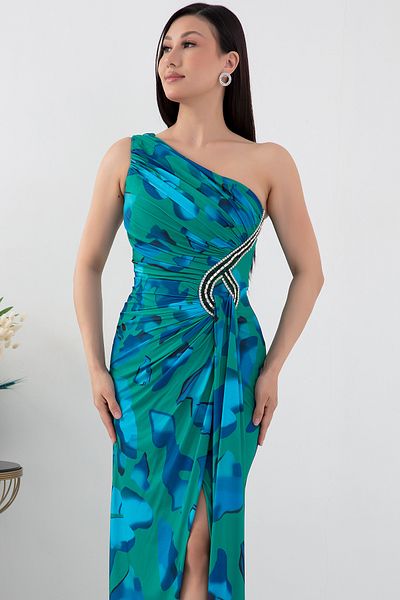 PULLIMM Rochie de seară din satin cu un singur umăr - Detaliu cu pietre prețioase, DNS1617