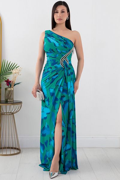 PULLIMM Rochie de seară din satin cu un singur umăr - Detaliu cu pietre prețioase, DNS1617