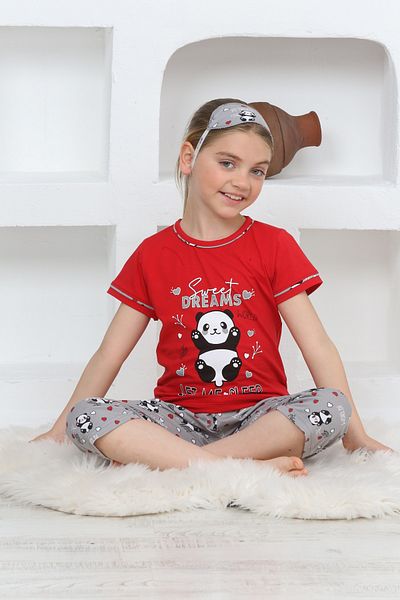 KAPİKİDS Red Panda Printed - Girl's Capri Pajama Set, Crew Neck, Eye Patch