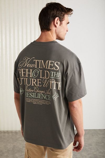 GRIMELANGE Colıbri Men's Front and Back Print Detailed Oversize Short Sleeve Crew Neck Organic Cotton Gray T-Shirt