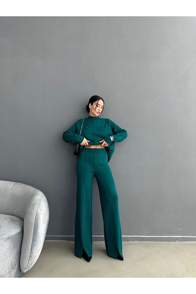Lusin Women's Half Turtleneck Sweater Trousers Bottom Top Knitwear Set - Nefti Green