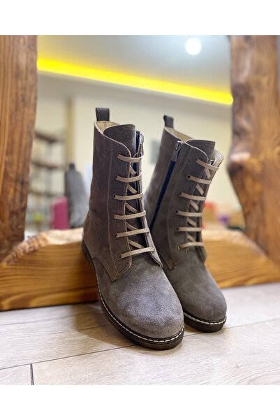 Hermones Linda Gri Nubuk Fermuarlı Hakiki Deri Kadın Postal