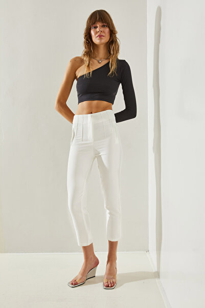 Bianco Lucci Women's High Waist Zippered Double Trousers with Grid Detail 60251269