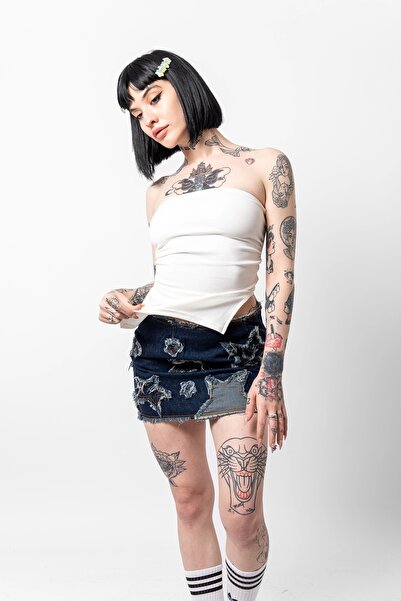 Bak Moda Білий кроп-топ - з боковими збірками та подвійними розрізами Basic