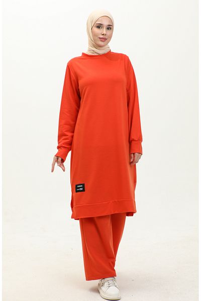 sefamerve Orangefarbenes Tunika- und Hosen-Set mit zwei Saiten – 0044-12