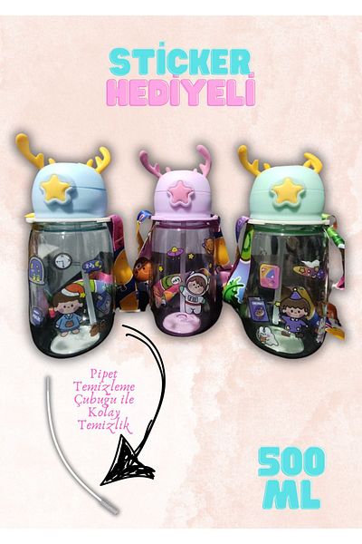 NT Handmade Pink Geyikli Children's Water Bottle Bpa-Free with Straw and Drip-Free Strap 500 ml School Water Bottle