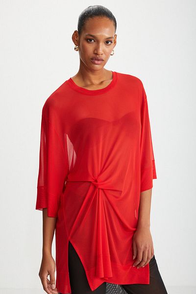 GRIMELANGE Florızel Women's - 100% Polyester, Short Sleeve, Front Knot Detail, Long Red Blouse