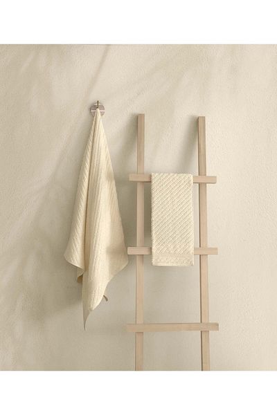 Koza Home Likya Jacquard Border Cream 2-Piece Towel Set Cross Striped 1018a