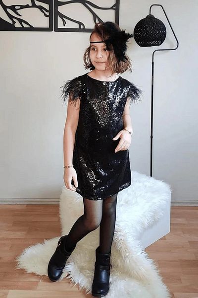 miço kids Μαύρο βραδινό φόρεμα για κορίτσια - Φόρεμα αποφοίτησης με παγιέτες και φτερά στους ώμους