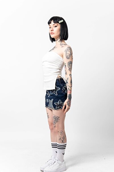 Bak Moda White Crop - Basic with Side Gather and Double Slits