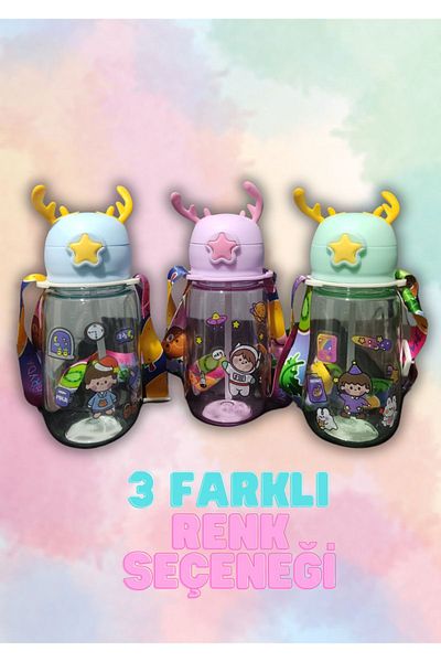 NT Handmade Pink Geyikli Children's Water Bottle Bpa-Free with Straw and Drip-Free Strap 500 ml School Water Bottle