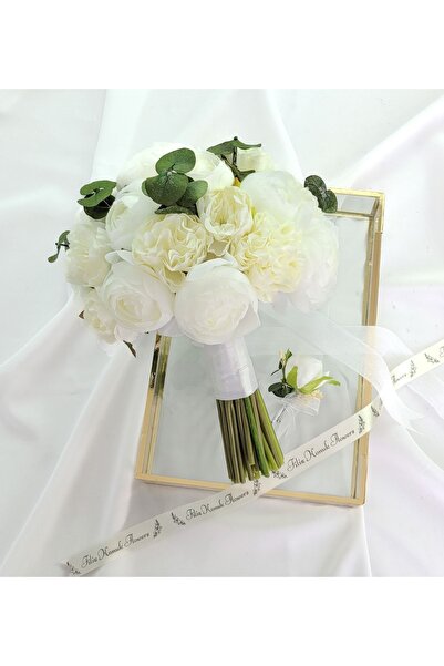 FilizKonuk Gelin Buketi Nişan Nikah Çiçeği, Beyaz Soft Şakayık Ve Okaliptüs Y...