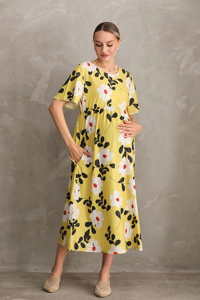 Miss Dünya Lissa Printed Woven Fabric Maternity Dress - Long Crew Neck, Short Sleeve and Pocket