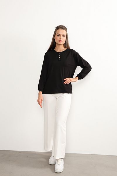 ziend fashion Four Seasons for Middle Age and Above - Black Mother Combed Cotton Blouse, Buttoned Pattern and Elastic Sleeve