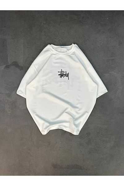 Moda polat Λευκό μπλουζάκι Unisex Oversize με στάμπα με λαιμόκοψη