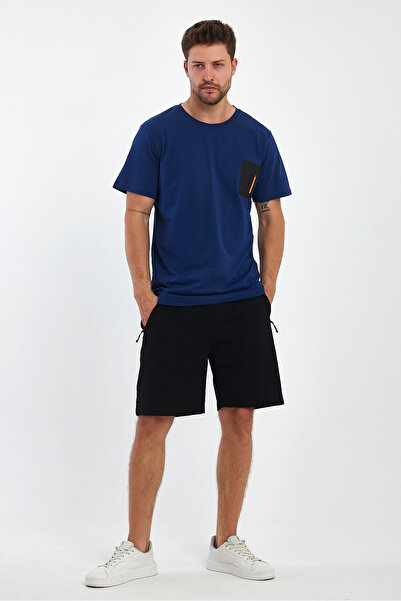CLIPMAN Чоловічий комплект з футболки та шортів темно-синього кольору - деталь з кишенями, вільний крій