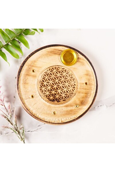 Mitr Yaşam Çiçegi  Temalı Yuvarlak Ahşap Konik Tütsülük