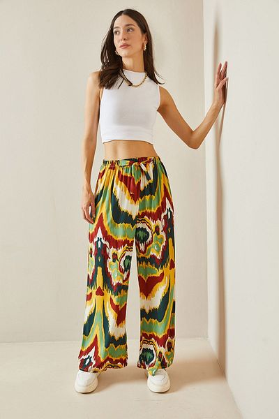 XHAN Patterned Yellow Wide Leg Trousers - 5YXK5-48647-10