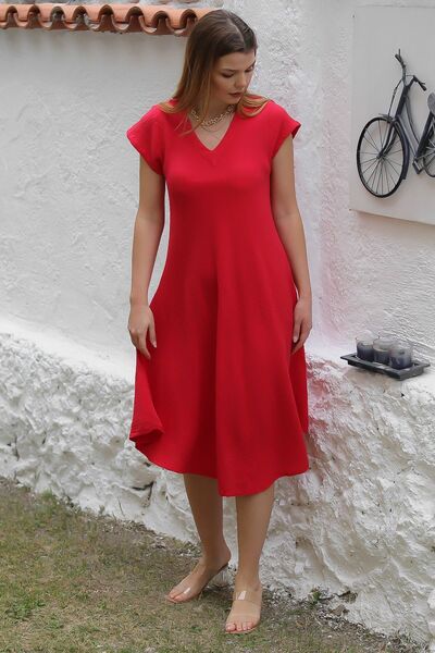 Chiccy Red Muslin Dress - Organic Cotton, V-Neck, Oval Skirt, Low Sleeve, Midi Length